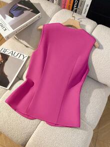Camisa sin mangas de unicolor y estilo minimalista con botones para mujer - Rosa Fucsia - Ver 2