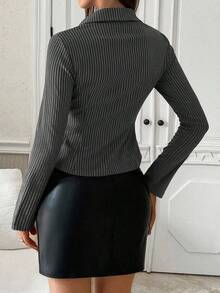 Camisa elegante de manga larga con rayas azules y blancas de corte slim para uso diario, estilo francés para mujeres - Gris Oscuro - Ver 2