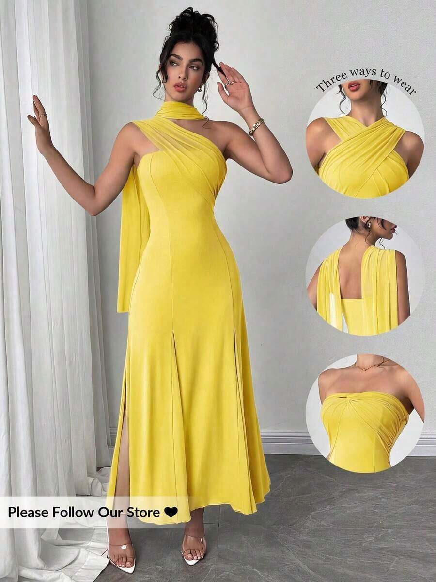 Vestido casual y elegante de mujer de color verde menta con cinta y espalda descubierta.Tiene tres formas de usarlo, se puede combinar con diferentes atuendos, adecuado para salidas casuales diarias, vacaciones en la playa, fiestas en el jardín y - Amarillo - Ver 1