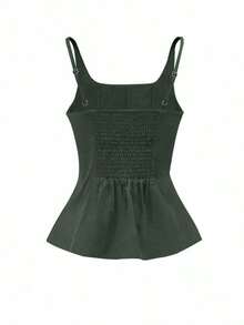 Camiseta de tirantes plisada marrón para mujer (elástico de 4 vías) - Verde - Ver 2