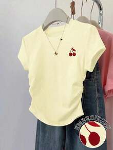 Ropa exterior para mujer, nueva llegada de verano, camiseta ajustada con pliegues, estilo elegante y versátil, fotografía de calle, imprescindible, temporada de vuelta al colegio, 100% llamativa, camiseta de mujer de manga corta para verano - Amarillo - Ver 1