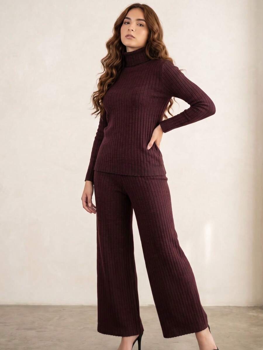 Women's Ribbed Knit Set: Wide Leg Pants And Long Sleeve Knit Top - Comfortable And Elegant For Autumn/Winter - 混釀葡萄酒 - 查看 1