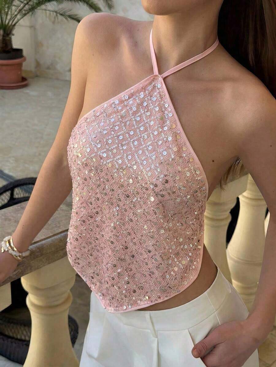 Top halter con espalda descubierta y lentejuelas sexy para mujer, ideal para verano, vacaciones en la playa, estilo bohemio, tropical, conciertos, festivales, country, Ibiza, Nashville, estilo occidental, boho, streetwear, gyaru - Rosa - Ver 1