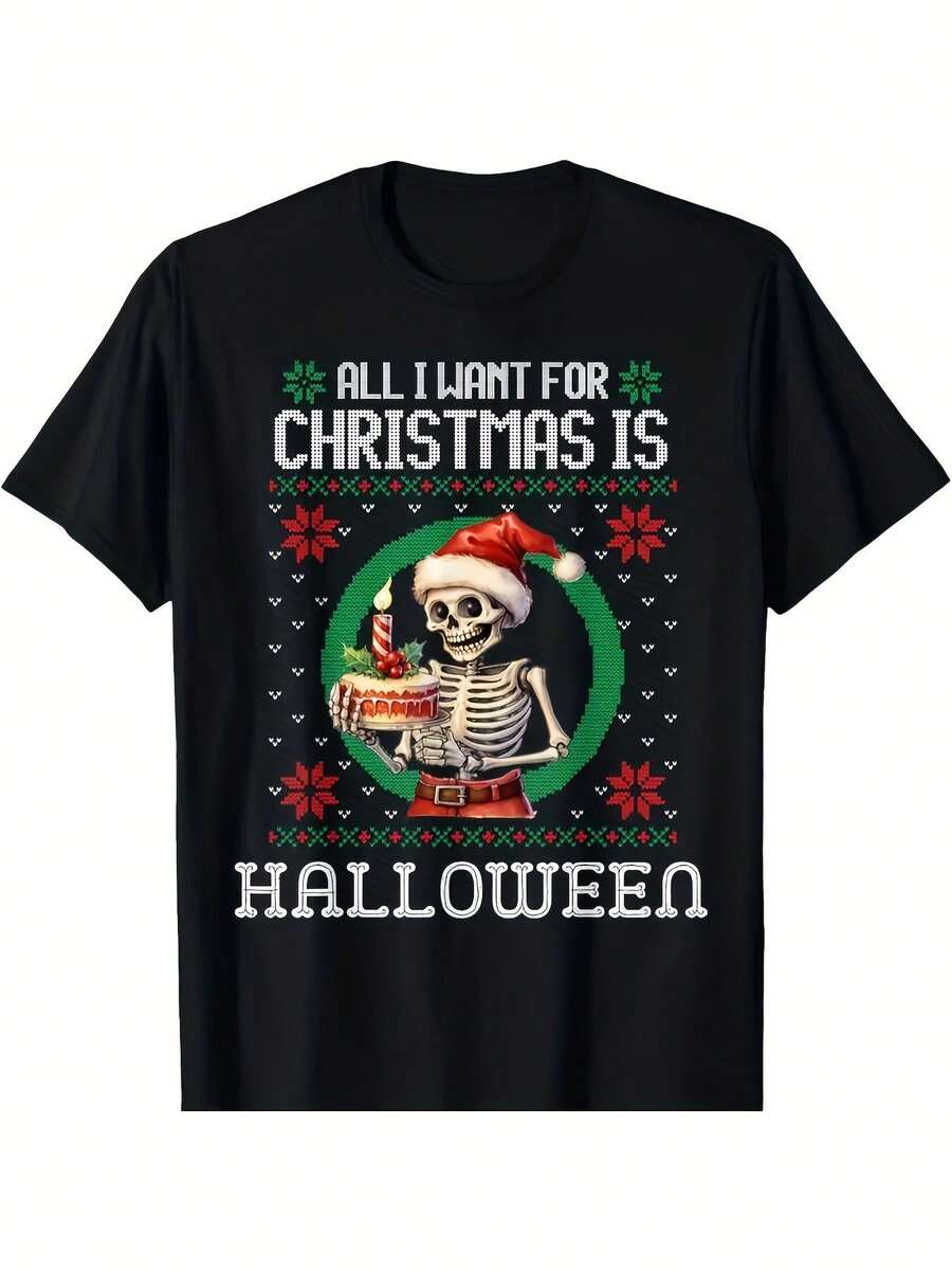 T-Shirts, Clothing, Gothic Style T-Shirt, Christmas Halloween Theme, Short Sleeve, Round Neck, Santa Claus Skull Design, Slogan "All I Want For Christmas Is Halloween", Regular Fit, Casual Style, Adult Size, National Shipping - 黑色 - 查看 1