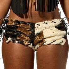 WOMEN Halloween Cow Print Faux Fur Booty Shorts With Black Leather Fringe Details Festival Party Micro Shorts - Beis - Ver 5