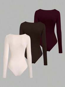 Sweetro Set de 3 bodys de manga larga para mujer en color albaricoque, marrón café y negro, de ajuste ceñido y estilo minimalista y versátil para el día a día - Multicolor - Ver 2