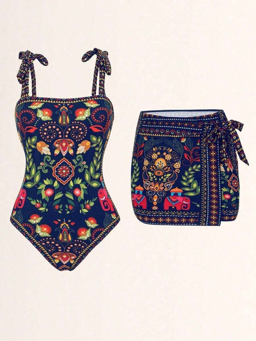 Swim Oasis Set de 2 piezas: Top con estampado posicionado + Falda con estampado posicionado, conjunto de verano - Multicolor 2 - Ver 1