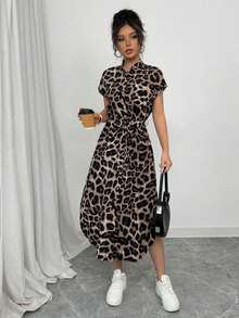 Vestido largo de manga corta para verano 2025, nuevo, con bolsillo, abertura lateral, cinturón y lazo, estampado de leopardo, para uso casual y de viaje - Café integral - Ver 7