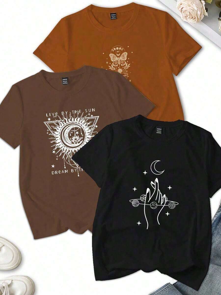 Set de 3 camisetas de mujer de manga corta y cuello redondo con estampado de leopardo/corazón, camisetas gráficas de verano "Be Real Not Perfect" para mujeres - Multicolor 5 - Ver 1