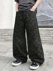 ONE.DINY Men's Retro Jacquard Loose Wide-Leg Jeans, Men's Fashion Streetwear Loose Casual Pants - Black - View 1