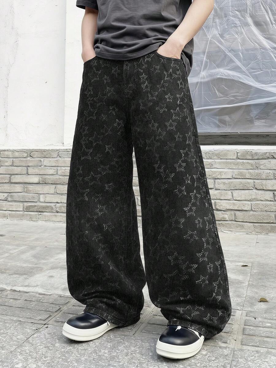 ONE.DINY Men's Retro Jacquard Loose Wide-Leg Jeans, Men's Fashion Streetwear Loose Casual Pants - Black - View 1