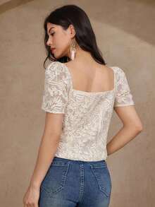 Blusa elegante de mujer de unicolor con jacquard, top tipo babydoll de verano - Beis - Ver 2