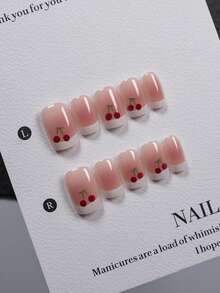 10pcs Short Square Handmade Wearable Nails (With Manicure Tools), Fresh Ombre Pink French Tips With Sweet Cherry Pattern, Glossy False Nails Manicure Set, Suitable For Women And Girls For Daily Wear And Parties - Baby Pink - View 1
