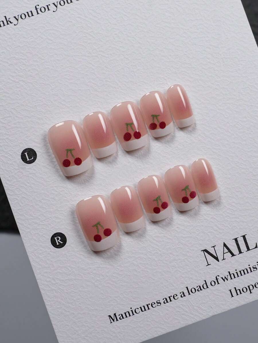 10pcs Short Square Handmade Wearable Nails (With Manicure Tools), Fresh Ombre Pink French Tips With Sweet Cherry Pattern, Glossy False Nails Manicure Set, Suitable For Women And Girls For Daily Wear And Parties - Baby Pink - View 1