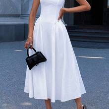 Unadoll Women's Elegant White Corset Midi Dress, Sweetheart Neck Spaghetti Strap Lace-Up Back A-Line Formal Dress For Wedding & Party - Blanco - Ver 9