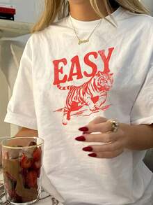 Camiseta Casual de Cuello Redondo para Mujer con Estampado de Tigre "Easy" - Manga Corta, Ligera, para Verano, Roja con Texto Blanco, Perfecta para Conjuntos de Primavera y Verano, Camiseta Casual de Verano| Ropa Casual| Camiseta Ligera Estilo Y2k - Blanco - Ver 1