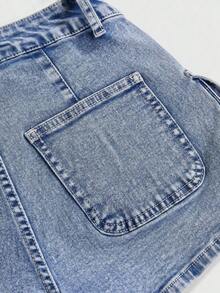 Grunge Punk Conjuntos de verano para mujer: shorts mini de tiro bajo de mezclilla desgastada, estilo de calle punk - Azul lavado medio - Ver 4