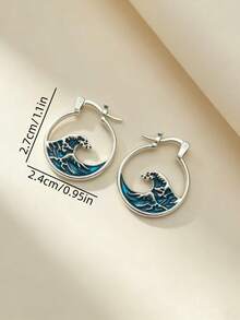 1 par de pendientes de aro redondos de esmalte con onda azul elegante estilo bohemio, adecuados para uso diario y vacaciones en la playa, un regalo de joyería versátil para mujeres - Plateado - Ver 2