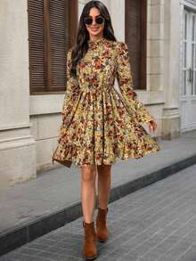 Vestido corto casual de manga larga con cuello alto y estampado floral para mujer - Albaricoque - Ver 6