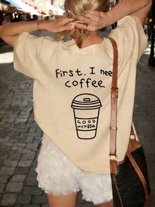 Camiseta casual de manga corta para mujer, ideal para vacaciones de verano, con estampado gráfico "Primero".Necesito café.de cuello redondo y manga corta, de ajuste relajado y casual, versátil, adecuada para uso diario y vacaciones de verano - Albaricoque - Ver 10