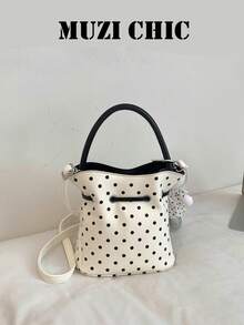 This Black And White Polka Dot Drawstring Bucket Bag Features A Bow Decoration That Adds A Touch Of Girlish Charm. Made Of Durable And Easy-To-Care-For PU Material, It Can Be Carried By Hand Or Worn Crossbody. Simple And Versatile, It's Perfect For Female College Students Commuting To Class, Going Out On Campus, Or Shopping With Friends. - White - View 3