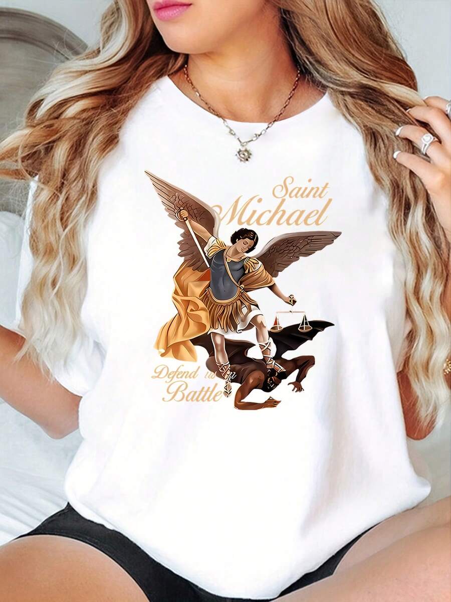 Women's T-Shirt With White Print And Inspirational Design Featuring , A Symbol Of Justice Over Evil. This Short-Sleeved, Crew-Neck White Cotton T-Shirt Is Suitable For All Four Seasons And Is Ideal For Birthdays, Holidays, Casual Wear, And Everyday Use. It Features A Christian Message Print And Is Made Of Soft, Breathable Pure Cotton. Perfect For Everyday Wear Or Church, It Makes A Great Gift For Believers. The T-Shirt Includes A Bible Verse Print And A Commemorative Design Of Jesus. It Is A Limited Edition For Religious Festivals. - 白色 - 查看 1