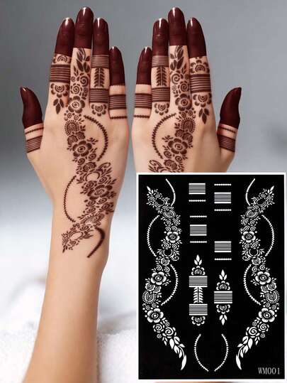 Plantilla de tatuaje floral hueco dibujado a mano Hana - Patrón floral sexy, adecuado para manos, pintura DIY, tinta, plantilla de diseño de mandala reutilizable, adecuado para maquillaje de fiesta corporal de mujeres