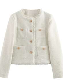 Chaqueta corta de tela gruesa con botones metálicos y bolsillos para primavera y otoño - Blanco - Ver 5