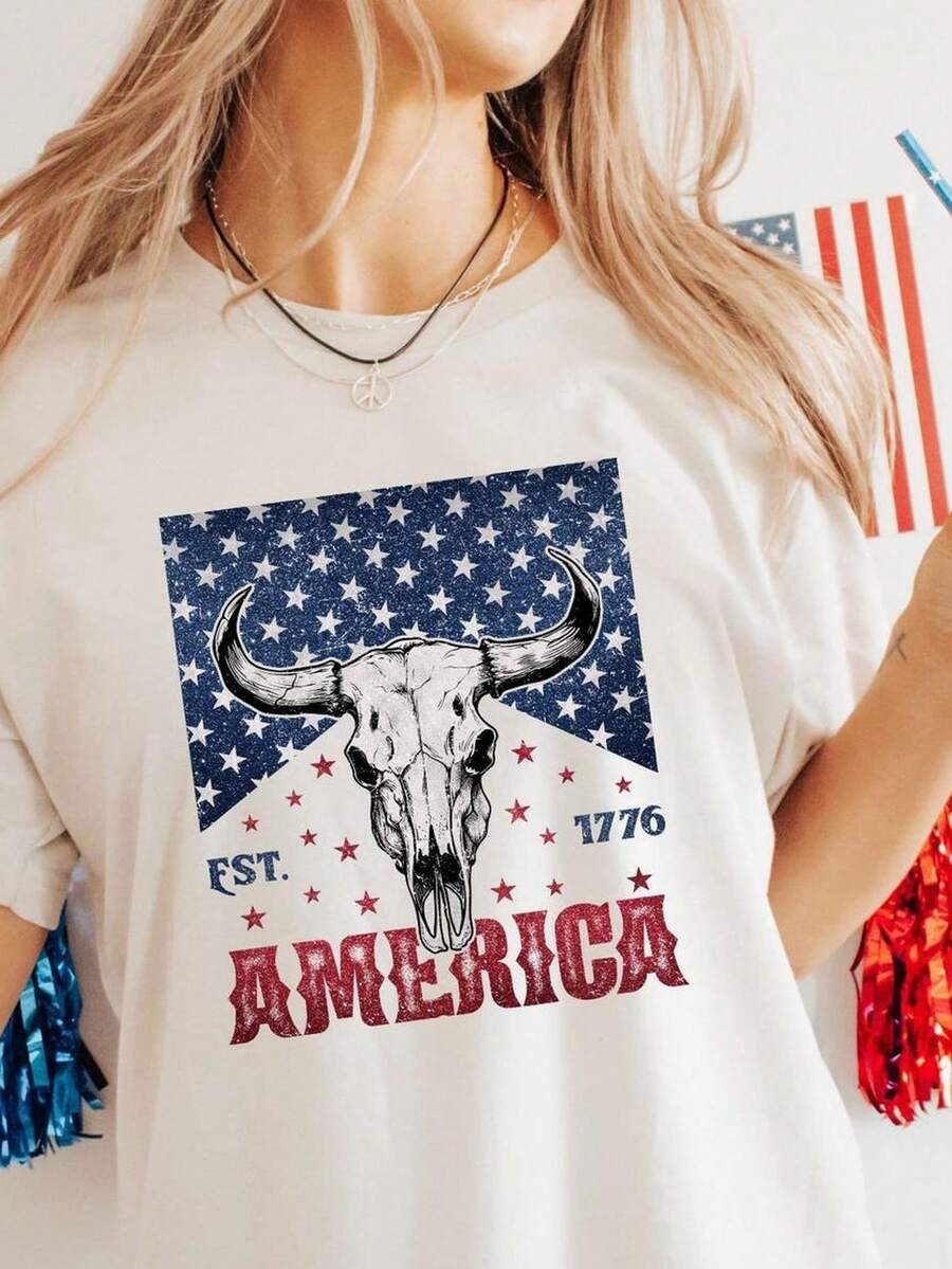 Camiseta Western del 4 de Julio, Camiseta del 4 de Julio, Camiseta del 4 de Julio, Camiseta Western del 4 de Julio, Camiseta de EE. UU., Camiseta Country Western. Camiseta unisex de algodón puro de 220 g. Peso ideal para todas las estaciones, adecuada tanto para hombres como para mujeres. Tejido duradero de alta calidad, suave al tacto y de larga duración. Parte superior transpirable. Adecuada para la primavera y el verano de las mujeres, vacaciones, Día de la Madre, Día de la Independencia. - Blanco - Ver 1