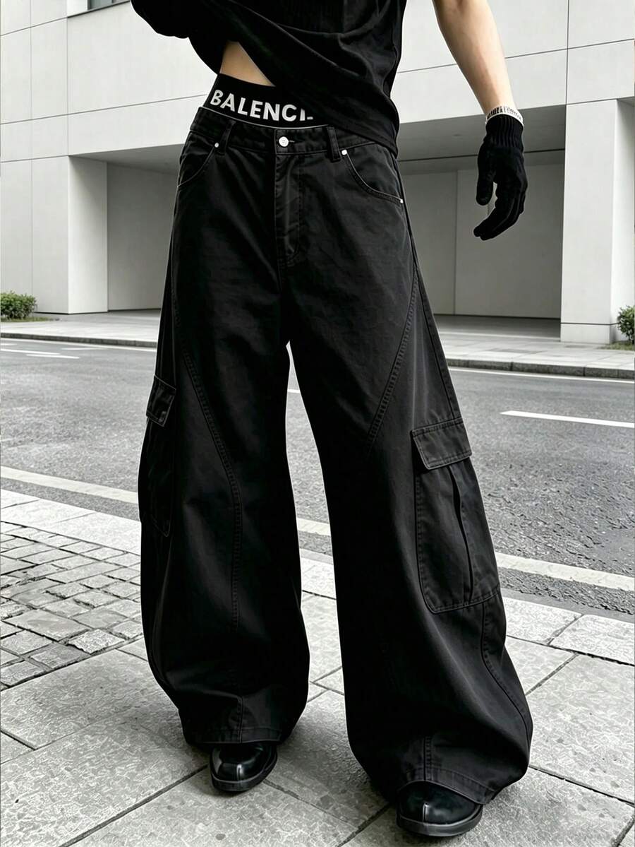 男士春秋休閒時尚直筒工裝褲,附側邊口袋與鈕扣開合,適合戶外穿著 - 黑色 - 查看 1