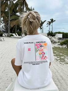 Vintage Women's Round Neck T-Shirt With Double-Sided Print, "God's Plan, Your Plan" (Isaiah 55:8-9), Floral Pattern T-Shirt, Casual Christian Faith Top, Soft And Lightweight Women's T-Shirt, Religious Gift, Breathable And Stylish. - 白色 - 查看 3