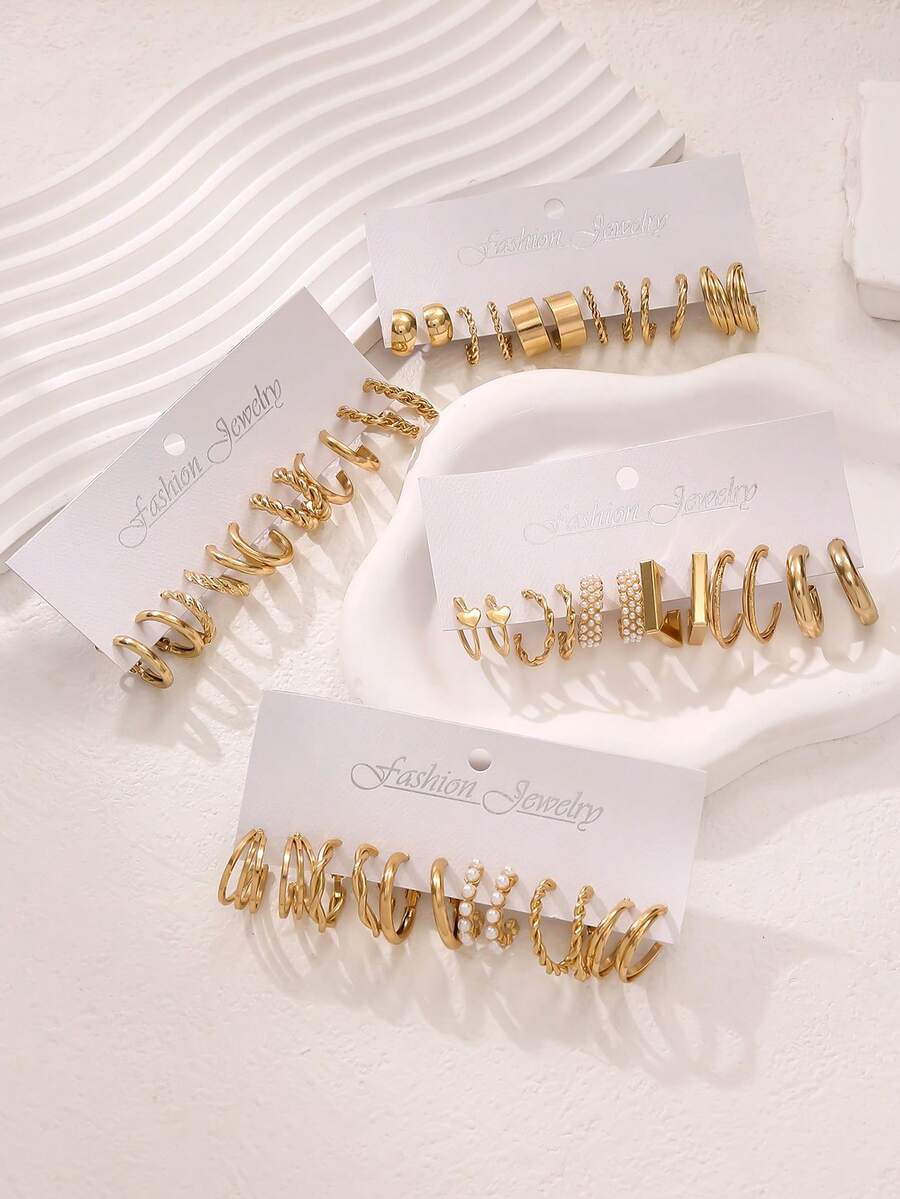 30-6 Pairs Fashion Gold Earrings Set, Faux Pearl And Geometric Heart Square Stud Earrings, Daily Wear, Ideal Gift For Her