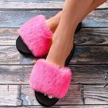 All-Season Comfort, Ladies Fashion Plush Slippers, Fluffy Decor Single Band Slides Spring And Summer Women Sandals, Summer Hand Washable Fabric Upper & Insole, Cozy Home Footwear - Hot Pink - View 4