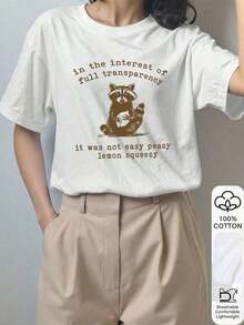 Women's Loose Fit T-Shirt, Raccoon Letter Print, 100% Cotton White Short Sleeve Graphic Design T-Shirt, Casual Crew Neck Short Sleeve T-Shirt, Breathable And Comfortable, Available In Various Sizes, Perfect For Christmas Gifts - 黑色 - 查看 9