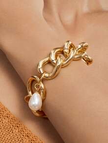 Altistry 1pc Exaggerated Chain Pearl Bracelet (Slight Scratches On The Aluminum Chain Are Normal) - Yellow Gold - View 3