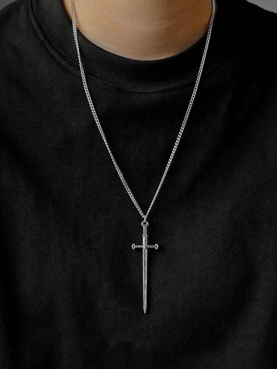 A Simple And Fashionable Sword-Shaped Cross Pendant Necklace, Suitable For Daily Commuting Date Nights Music Festivals Halloween, And As A Birthday Gift For Him. - Silver - View 1
