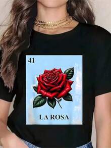 Vibrant Red Rose Inspired By Mexican Loteria, Women's T-Shirt With Traditional Floral Design Full Of Passion And Culture, 100% Soft And Comfortable Cotton. - 黑色 - 查看 1