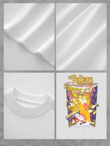 Gráfico colorido que muestra una escena animada donde pequeños héroes vuelan junto a un águila gigante sobre un paisaje brillante transmitiendo valor, amistad y aventura camiseta de mujer  casual cómoda para uso diario - Blanco - Ver 4