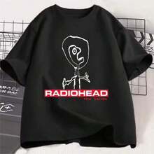 The Bends Summer T-Shirt, Loose Fit, Casual, Hip-Hop Style, Men's And Women's Streetwear, Harajuku Style, Cartoon Print And Lettering, Couple's, 100% Cotton. - 黑色 - 查看 7