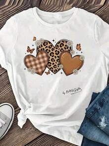 Playera Blanca de Mujer con Gráfico de Corazón de Leopardo y Letras LOVE, Camiseta de Estilo Boho Retro Aesthetic Manga Corta, Top Romántico Moderno, Blusa Casual de Moda EGNC - azul y negro - Ver 11