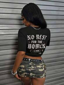 Women "No Rest For The Women" Slogan Print Round Neck Short Sleeve T-Shirt  Cuello Redondo Algodón 100% Tejido Suave Manga Corta Transpirable y Fresca - Negro - Ver 2