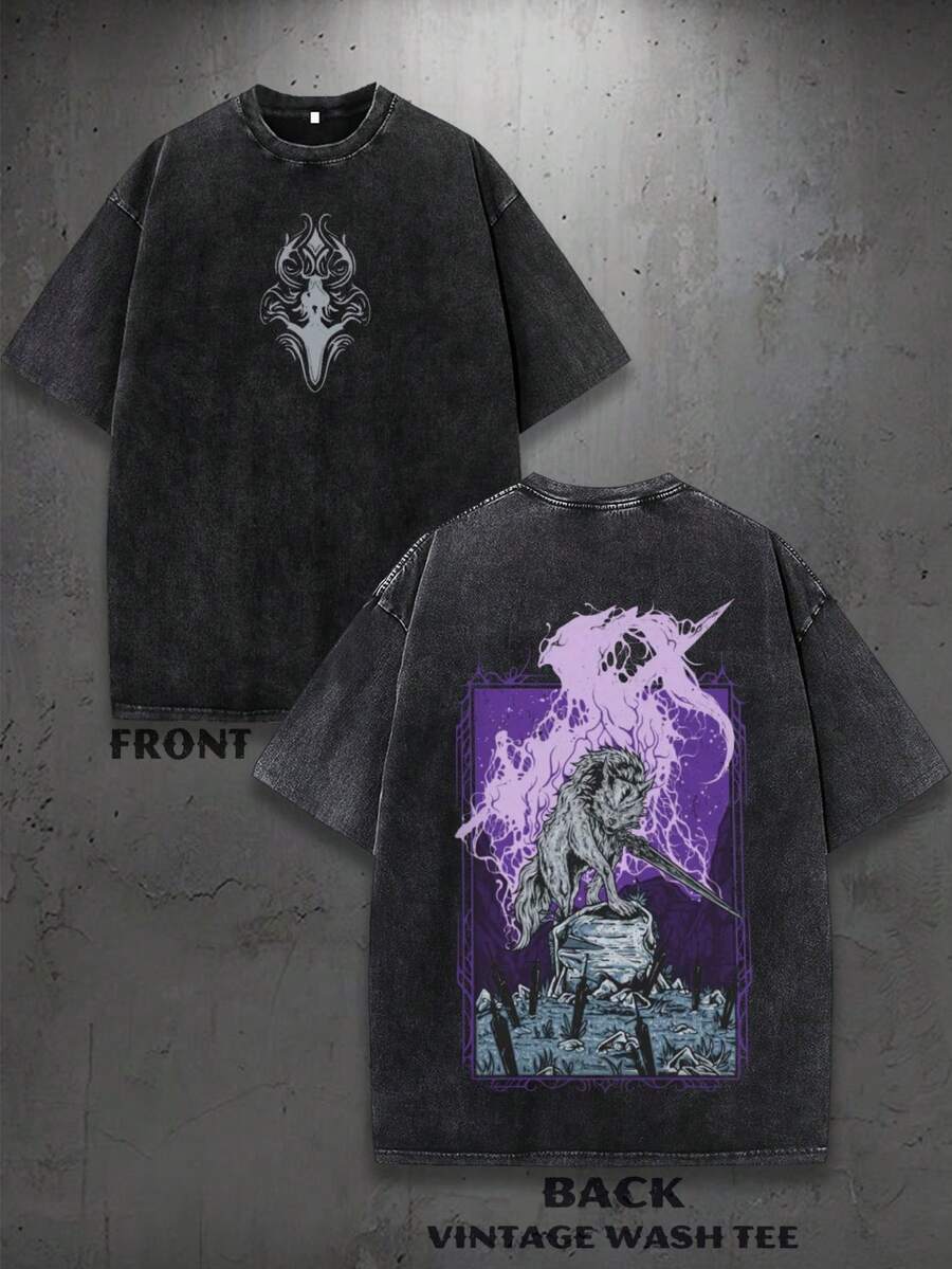 Fashionable Unisex Crew Neck T-Shirt, Printed On Both Sides, With An Abstract Symbol Pattern On The Front And A Retro Design Of A Mythical Creature With A Purple Lightning Bolt And Sword On The Back. | Machine Washable | Comfortable In All Seasons | 100% Pure Cotton | Retro Japanese Street Style, Relaxed Fit, High-Quality Promotional Item In High Demand. - Black - View 1