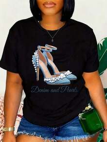 Camiseta Gráfica de Tacón Alto de Mezclilla y Perlas para Mujer - Elegante Camiseta Blanca de Algodón con Diseño de Tacones de Mezclilla Azul y Detalles de Perlas, Perfecta como Regalo para Amantes de la Moda o para Uso Casual - Negro - Ver 1