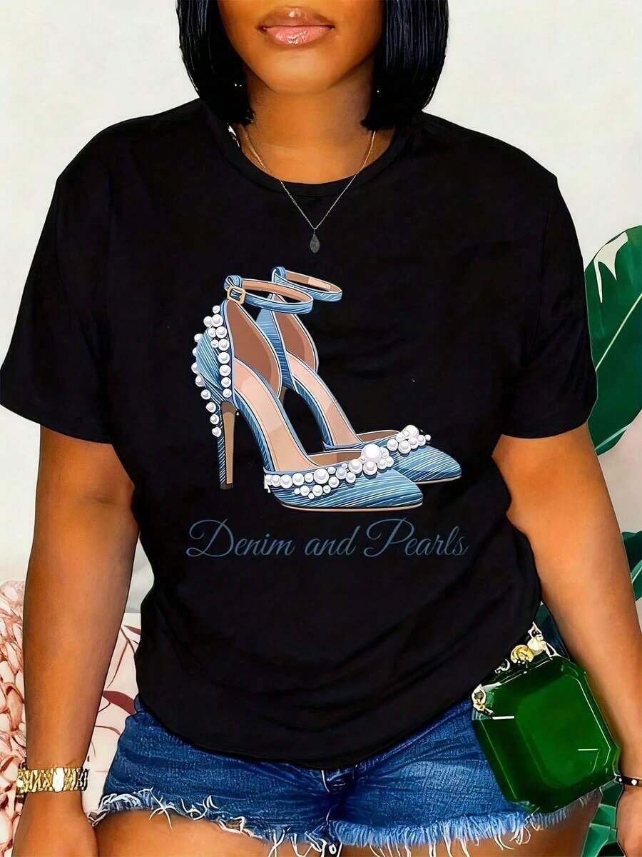 Camiseta Gráfica de Tacón Alto de Mezclilla y Perlas para Mujer - Elegante Camiseta Blanca de Algodón con Diseño de Tacones de Mezclilla Azul y Detalles de Perlas, Perfecta como Regalo para Amantes de la Moda o para Uso Casual - Negro - Ver 1