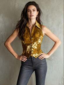 Blusa sin mangas con estampado de solapa para mujer - Amarillo - Ver 3
