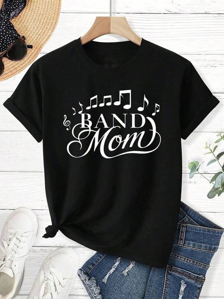 Retro GraphicWomen Soft Breathable Black Round Neck Graphic T-Shirt Band Mom Music Notes Casual Top With Applique Details,Camisetas populares de  para uso diario,Ropa de verano, ropa para niños y niñas,camisetas de apoyo para el Mundial,Camisetas del Mundial 2026,Camisetas estampadas,Camisetas estampadas, - Negro - Ver 1