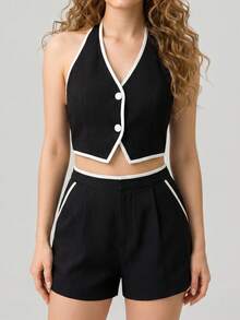 Women's Two-Piece Set: Halter Top And Shorts With A Black And White Color Block Design. Featuring A Decorative Bow At The Back, This Outfit Is Both Cute And Sexy, Perfect For Beach Vacations, Music Festivals, Or Fashion Parties. - 黑色 - 查看 3