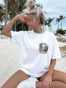 GiftCamiseta de manga corta con estampado de piña y coco estilo ALOHA BEACHES, diseño de doble cara, estilo casual de verano para mujer - Camiseta unisex de algodón holgada de manga corta y cuello redondo, estilo vintage urbano.Soft - Blanco - Ver 3