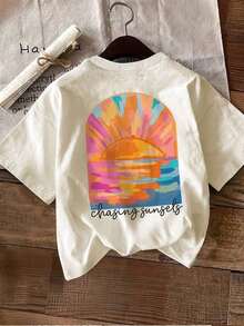 Gift Pattern Double-Sided Print [Double-Sided Printing] New Women's Casual Spring/Summer T-Shirt With Sea Breeze And Sunset Design, Short-Sleeved Crew Neck T-Shirt - Unisex Urban Vintage Style Loose-Fitting Cotton T-Shirt With Crew Neck And Short Sleeves. Soft - 杏 - 查看 3