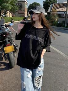 Camiseta de manga corta  para mujer, decorada con pedrería, estilo coreano, con letras en inglés, estilo urbano, estampada, corte holgado, 100% algodón. - Negro - Ver 4